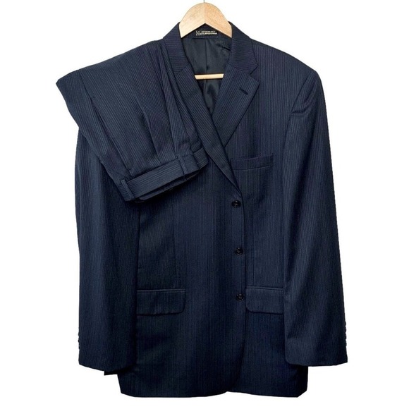 Tom James Wool 2PC Suit Mens 44L Pleated Cuff Pants 38x33 Gray Purple Stripe - Picture 1 of 16